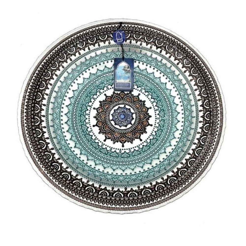 Turkish Glass Glass Round Bowl Dinner Display Silver Blue Oriental Lace 16” W XL